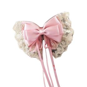 Pink Cute Lace Large Bowknot French Barrettes Handmade Chiffon Hair Clip with Ribbon