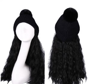 Womens Winter Knit Hat with Natural Black Synthetic Long Curly Corn Wave Hair Attached Wig Cap