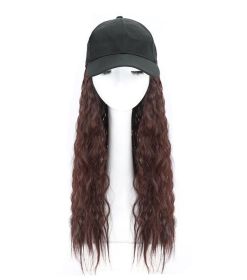 Synthetic Hair Extensions Long Curly Corn Wave Hair Attached With Baseball Cap, Dark Brown