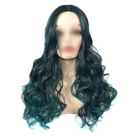 Gradient Green Big Wave Hair Wig Women Long Curly Hair Middle Part Bangs Full Wig,22inch