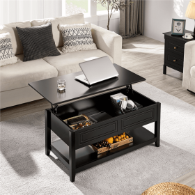 Wooden Lift Top Coffee Table with Hidden Storage and Bottom Shelf;  Black