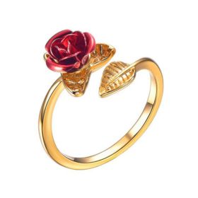 Rose Flower Leaves Opening Ring For Women Flowers Adjustable Finger Ring Valentine's Day Engagement Jewelry Gift (Color: Gold)