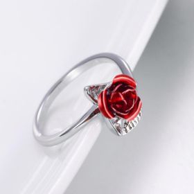 Rose Flower Leaves Opening Ring For Women Flowers Adjustable Finger Ring Valentine's Day Engagement Jewelry Gift (Color: Silvery)