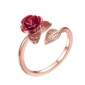 Rose Flower Leaves Opening Ring For Women Flowers Adjustable Finger Ring Valentine's Day Engagement Jewelry Gift (Color: Rose gold)