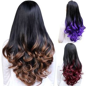 Women Big Wave Long Curly Wavy Gradient Color Ombre Three-forth Full Hair Wig (Color: Purple)