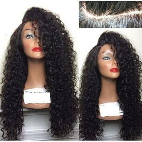 Wig Synthetic Fiber Lace Front Wig Kinky Curly L Part Heat Resistant Wigs with Cap Replacement Natural Black Wig For Women (Color: Black)