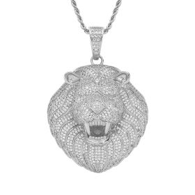 Mens 14K Gold Plated Hip-Hop Lion Head Cz Pendant 24" Rope Chain Necklace (Color: Silver)